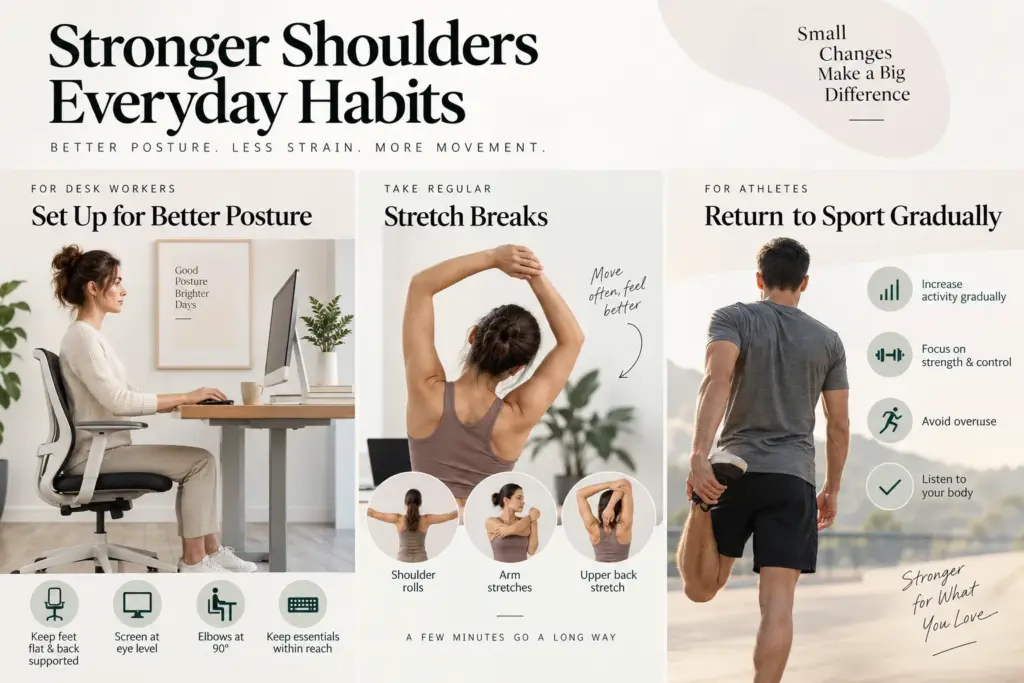 "Infographic showing posture tips to prevent winged scapula recurrence."