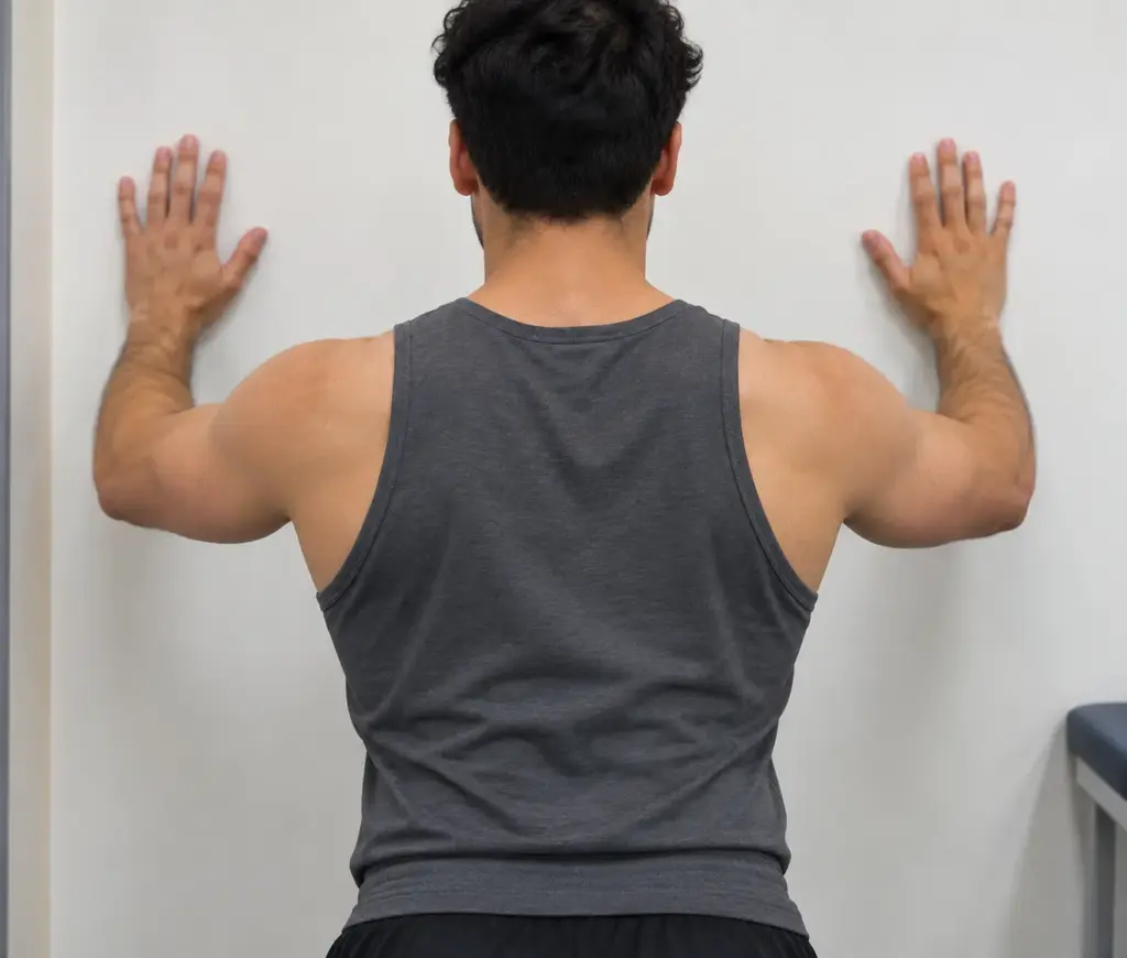 "Person performing a wall push-up test to check for winged scapula."