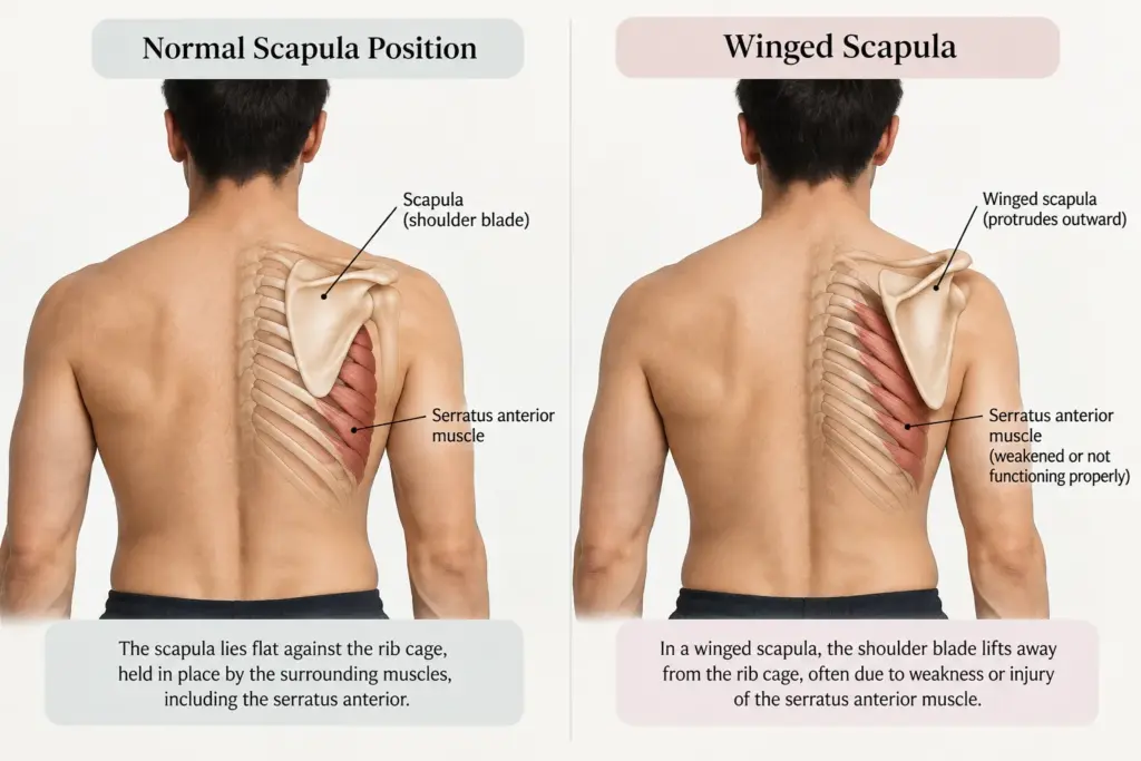 "Diagram comparing normal shoulder blade position with a winged scapula."