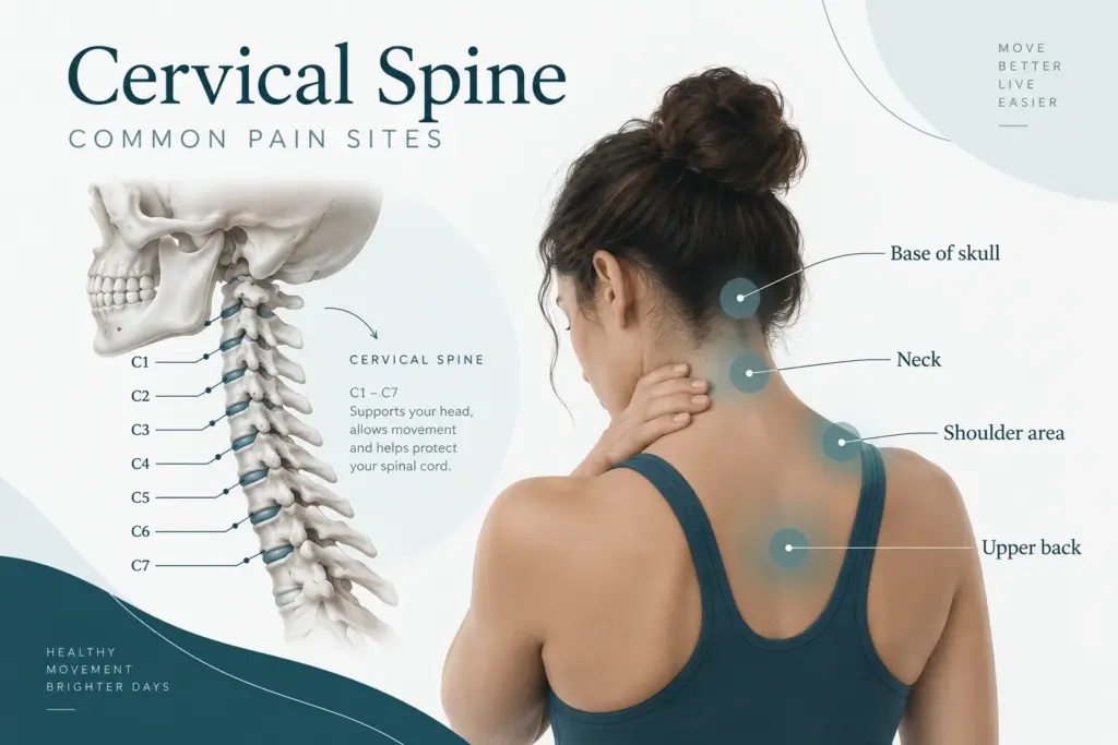 Cervical spine diagram showing common neck pain areas
