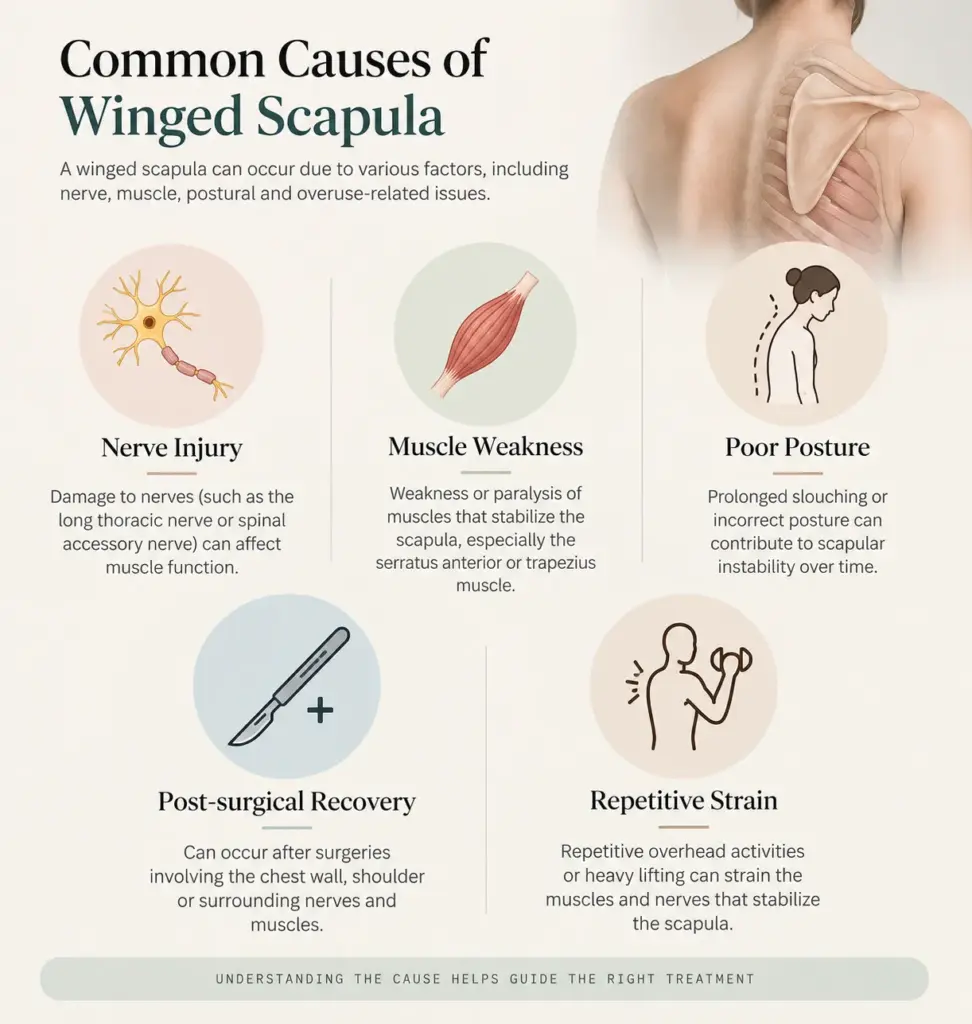 "Infographic showing common causes of winged scapula including nerve injury and poor posture."